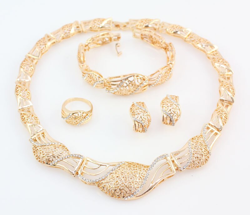 Edlen Schmuck Sets Für Frauen Gold Farbe Aussage Halskette Ohrringe Armband Ringe Set Afrikanische Perlen Party Hochzeit Zubehör