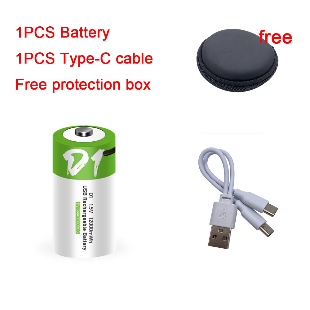 Nuova batteria ricaricabile al litio D dimensioni 12000mwh ricarica USB batterie agli ioni di litio per scaldabagno domestico con stufa a gas naturale: 1pezzi D1 e cavo
