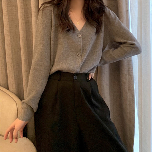 Neploe løs skør stil enkelt bryst sweater cardiagns kvindelig v-hals langærmet strikket jumper pull femme frakke solid løs 48010: Grå