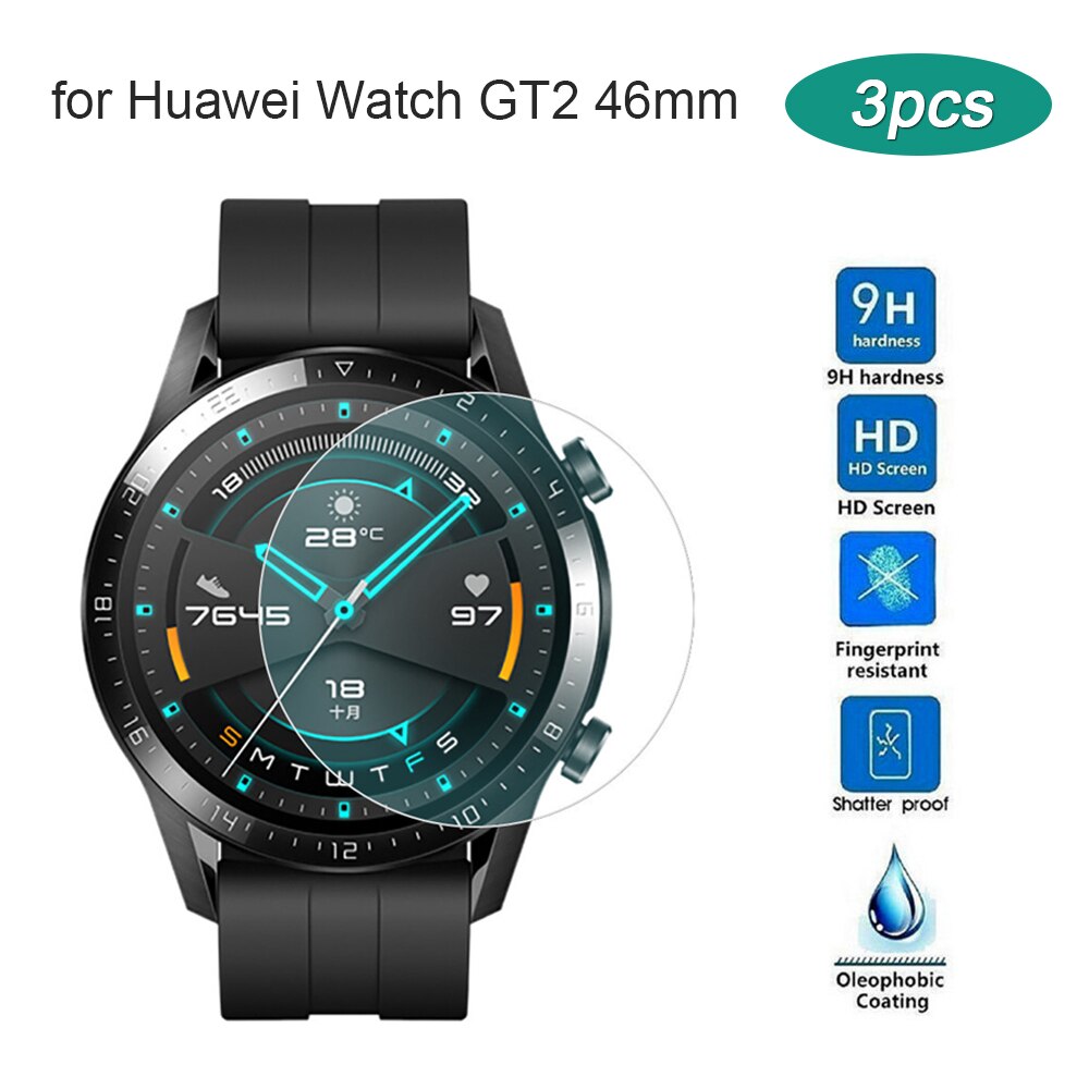 3Pcs Gehard Glas Voor Huawei Horloge GT2 46Mm Beschermende Glas Screen Protector Bubble Gratis Anti-Kras Ultra clear 9H Glas