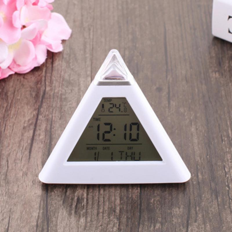 LED Clock 7 Color Changing Alarm Clock Pyramid Shaped Luminous Clock Function Date Time Temperature Display