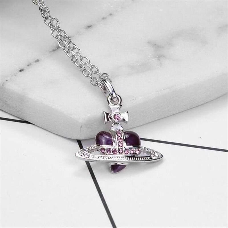 Nuova Personalità Fredda di Cristallo Saturn Collana A Catena Per Le Donne Brillante Zirconia Cuore Pianeta Pendente Della Collana Del Choker Dei Monili del Regalo: Heart Purple