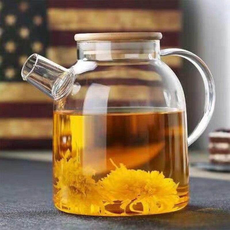 1000ml/1800ml Heatable Glass Kettle Water Jug Heat-Resistant Teapots with Stainless Steel Cover Transparent Juice Container: 1.8L bamboo lid