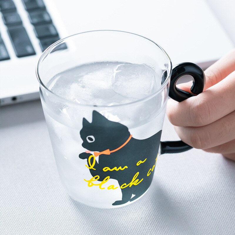 250ML Cute Cat Glass Juice Coffee Cup Milk Tea Coffee Glass Mug Cat Tail Handle Cat Valentine's Day Lover Stainless Spoon