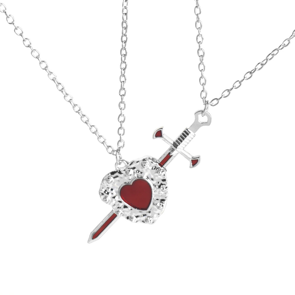 Um conjunto de coração vermelho e espada casal colar clavícula corrente espada colar acessórios de moda para presente de natal feminino: Vermelho-marrom