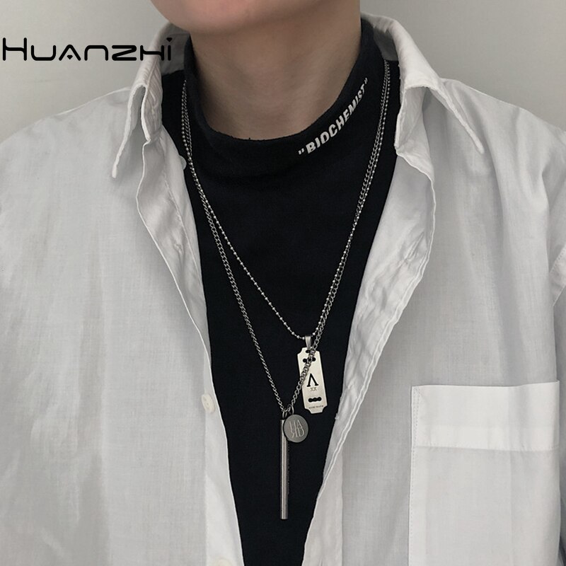 HUANZHI Minimalist Punk Titanium Steel Hip Hop Letter Rectangle Round Pendant Metal Necklace for Women Men Couple