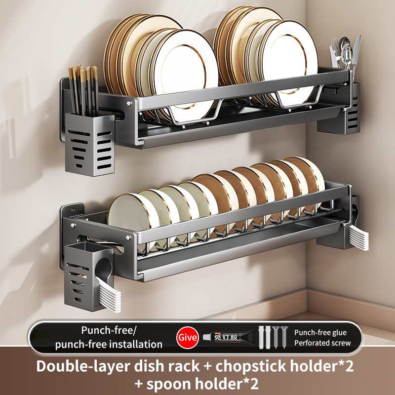 Kitchen Bowl Plate Drying Storage Shelf Wall Mounted Dish Drainer Rack Multifunction Chopsticks Spoon Tableware Dish Holder: army green