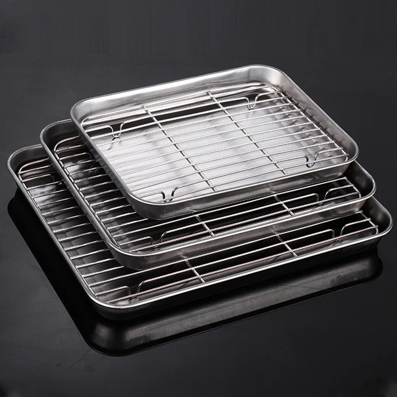 Bandeja para hornear de acero inoxidable con rejilla de alambre para hornear pasteles, bandeja para barbacoa, placa para horno, estante para hornear, herramienta para asar y asar
