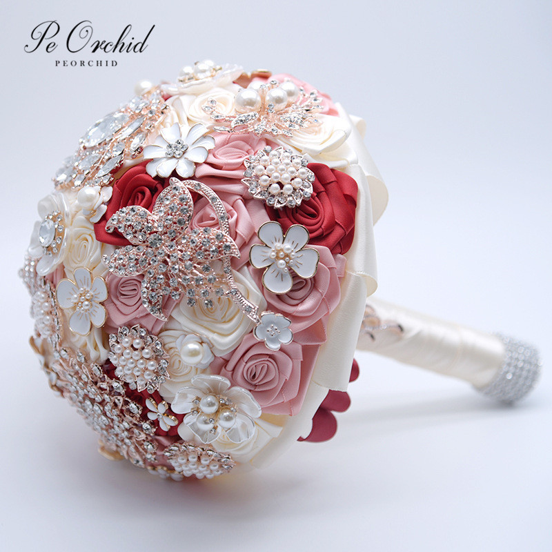 PEORCHID Luxury Bridal Bouquets With Brooches Satin Rose Bride Flower Wedding Bouquet Blumen Hochzeit Rhinestone Bouquet