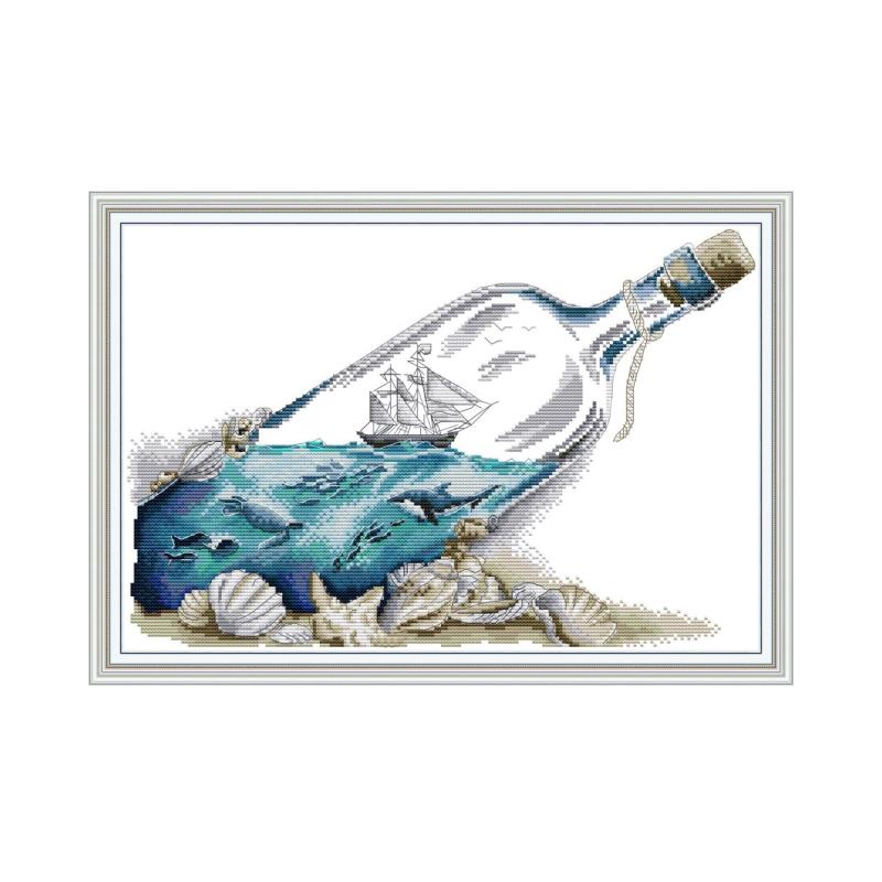 Zee In Een Fles Landschap Schilderen Geteld Kruissteek Kits 14CT Gedrukt Canvas Diy Voor Handwerken Sets Voor borduurwerk Kit