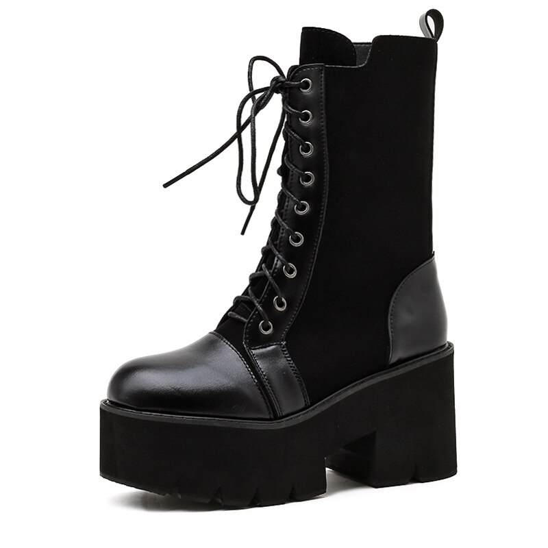 Gdgydh-Botas de estilo gótico para mujer, zapatos femeninos con plataforma de tacón, de cuero negro, botas de media caña con cordones,: 5,5
