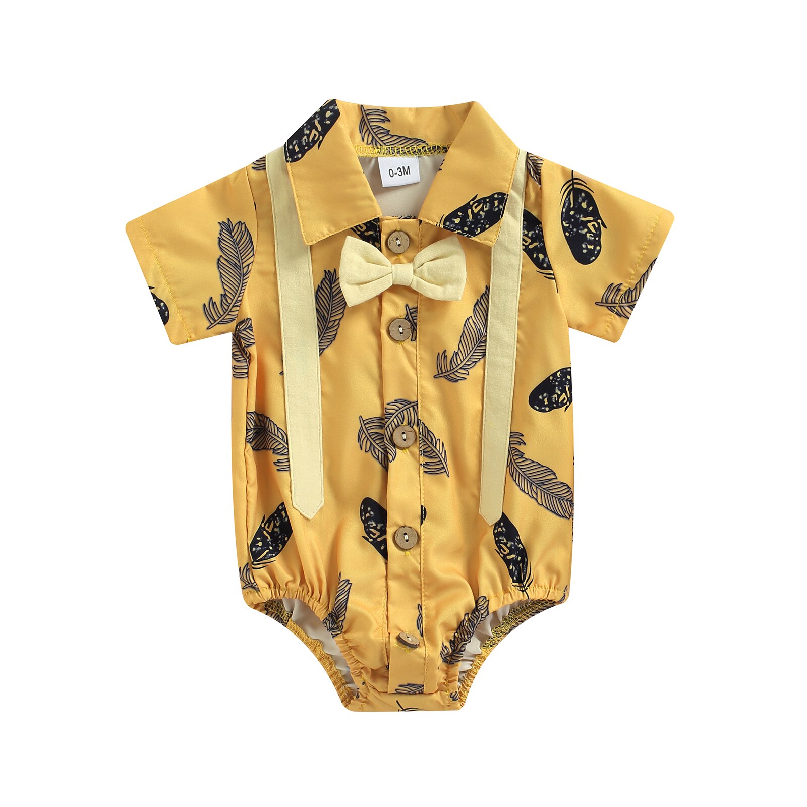 Kleinkind Baby Jungen Strampler, Kurzarm Revers Kragen Fliege Dekoration drucken Strampler, Sommer Kleidung: Gelb / 6m