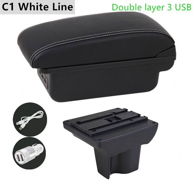 Auto Armleuning Box voor Toyota Rush - ABS Leer Opbergunit met USB & LED - Interieur Accessoire: C1 Witte Lijn
