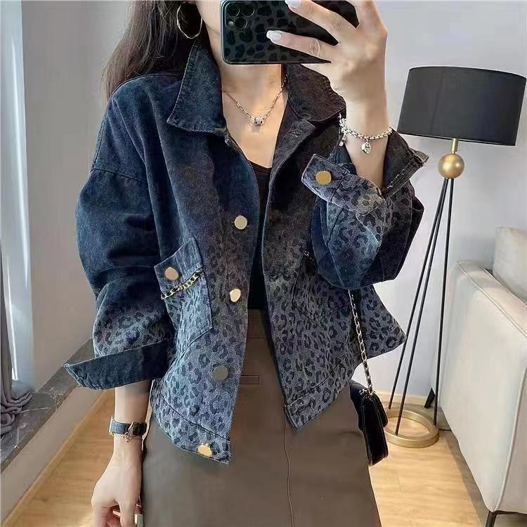 Autunno inverno Streetwear Vintage Leopard Print Denim Coat Ladies Harajuku Y2K Casual Fashion All-match Jacket donna Outwear Top: L / Blu