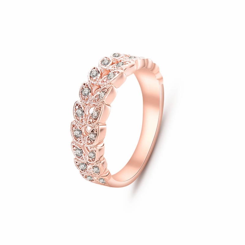 NJ92 Mode-sieraden Rose Goud Kleur Bladeren Ringen Strass Crystal Rings Voor Vrouwen Bruiloft Sieraden
