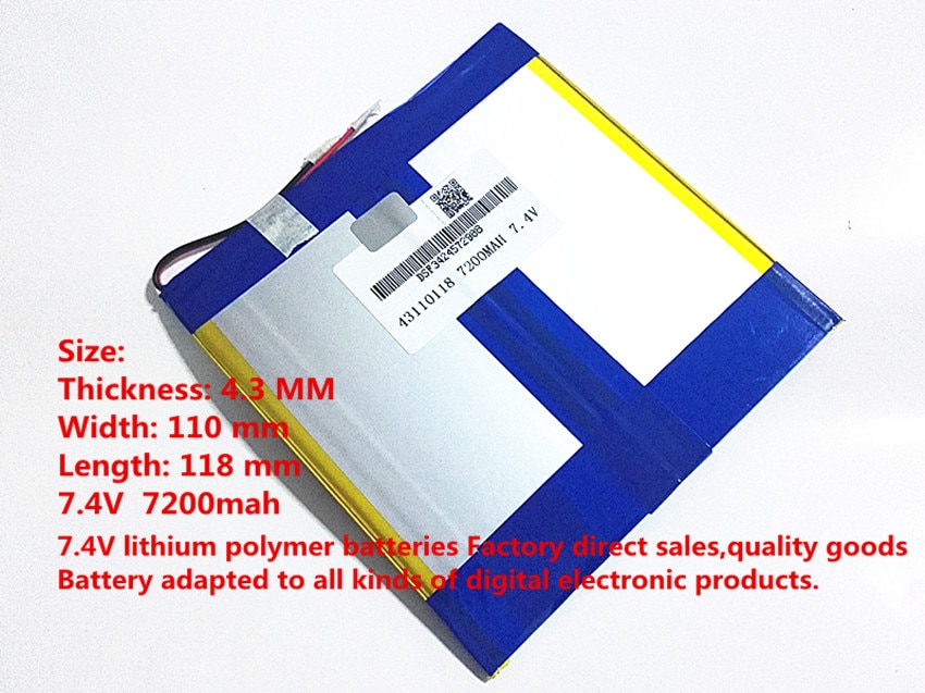7.4 V, 7200 mAH, [43110118] PLIB (polymeer lithium-ion batterij) li-ion batterij voor tablet pc, mp4, mobiele telefoon, luidspreker, PIPO M3