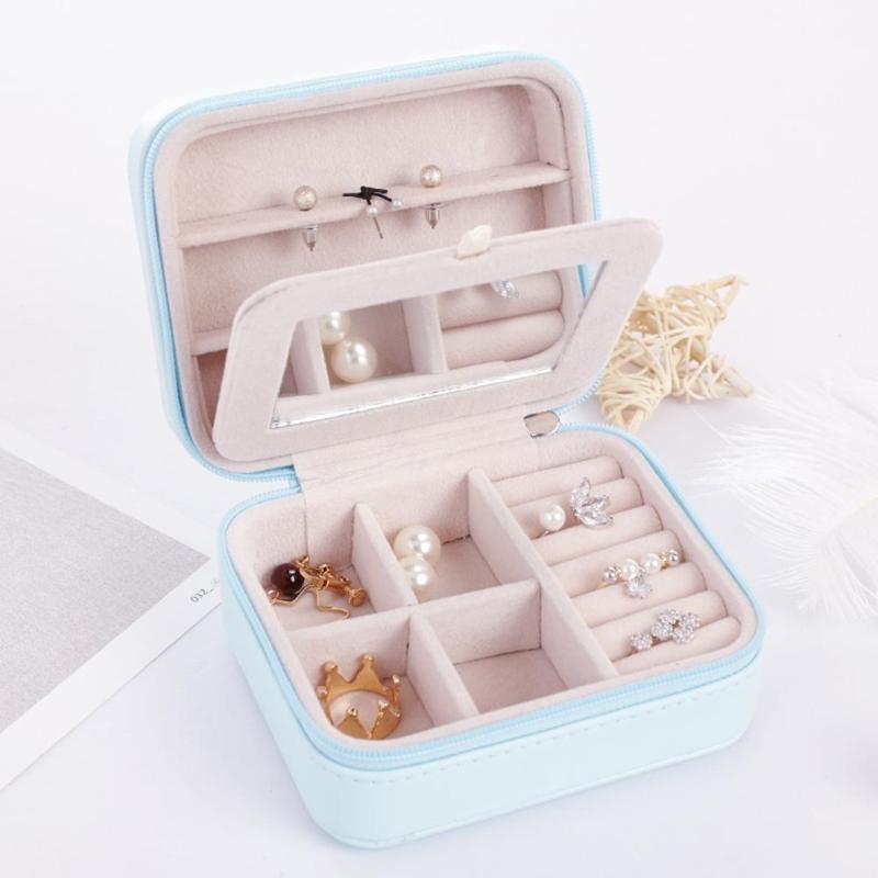 PU Fibre Jewelry Box Portable Storage Organizer Earring Holder Zipper Women Jewelry Display Travel Case