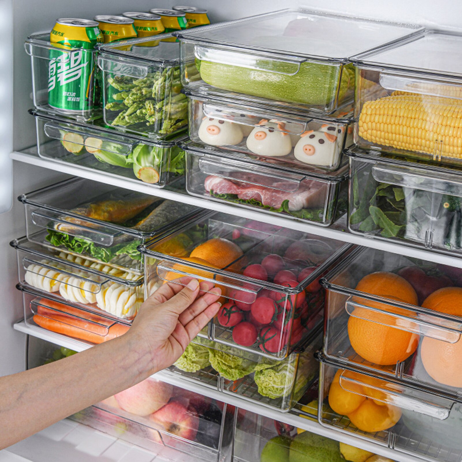 Refrigerator PET Food Storage Box Container With Lid And Divider Large Capacity Fridge Organizer