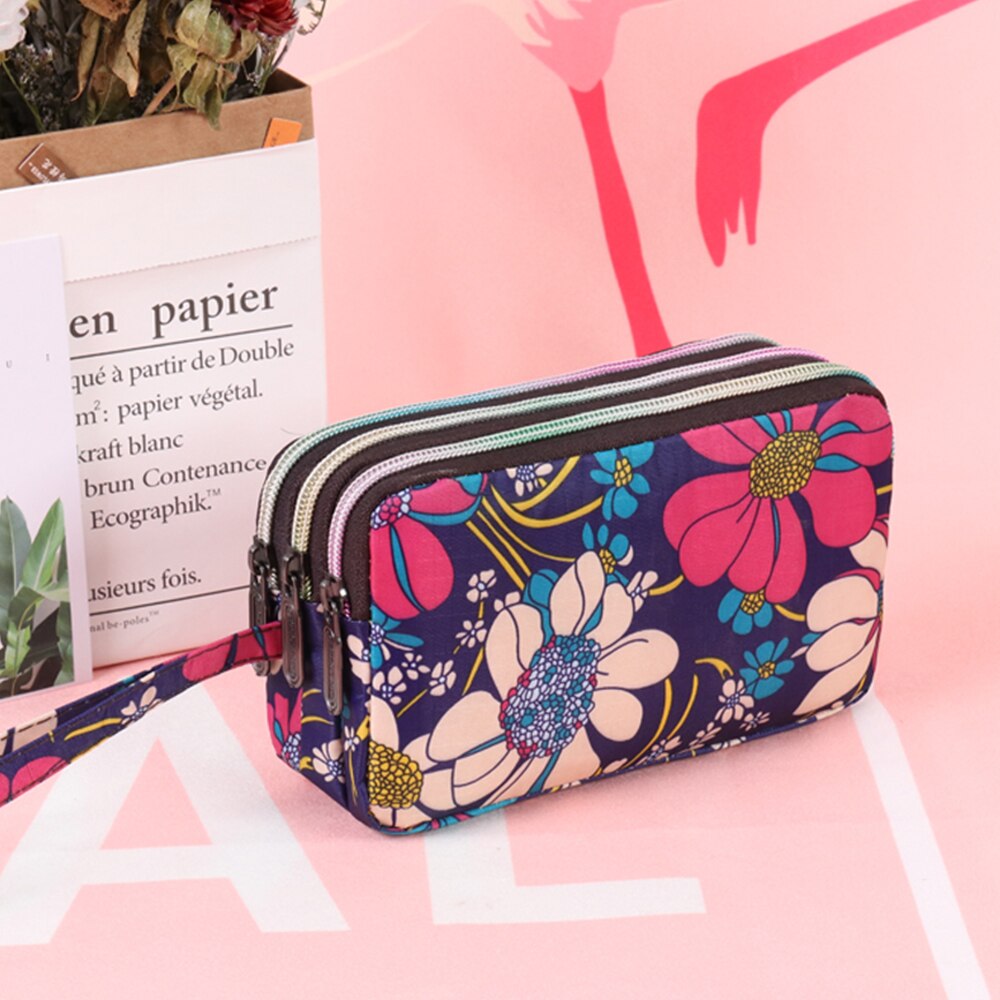 Buylor portfele dla kobiet torebka poliester etui na telefon Organizer na dokumenty karty dama Organizer moneta torebka 3 zamek kwiatowy kieszenie sprzęgło