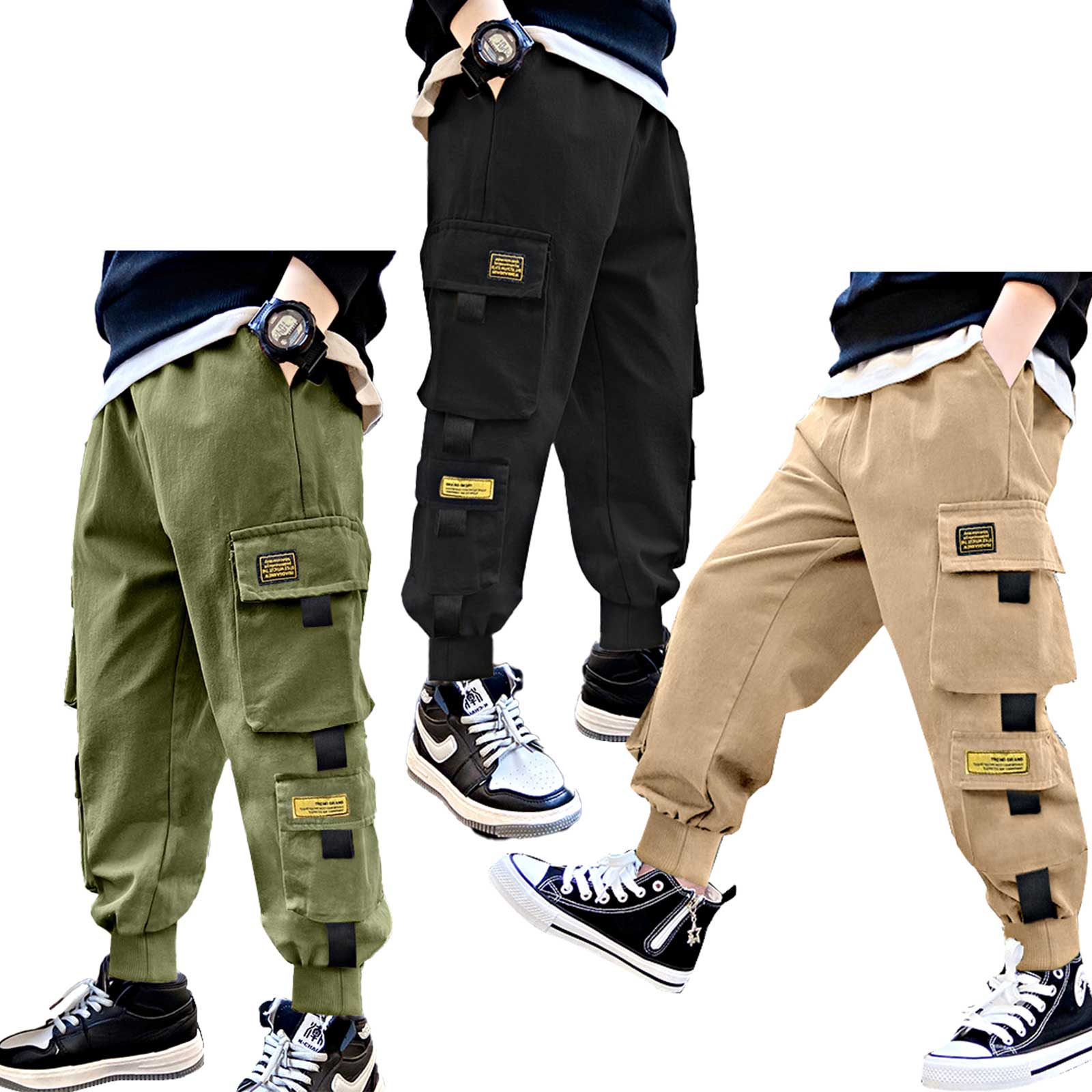 Pantalones Cargo de para niños, ropa de calle negra de chándal, Hip-Hop, con múltiples bolsillos, informal, 6, 8, 10, 12 años