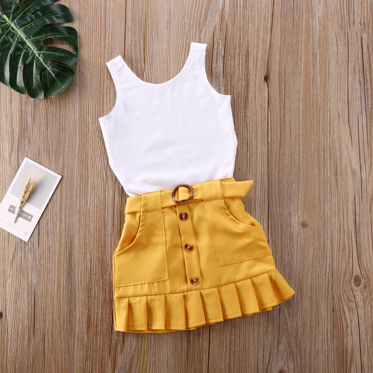 2 stk småbørn børn baby pige tøj sæt ærmeløs solid vest romper gul plisseret nederdel sommer outfit sæt