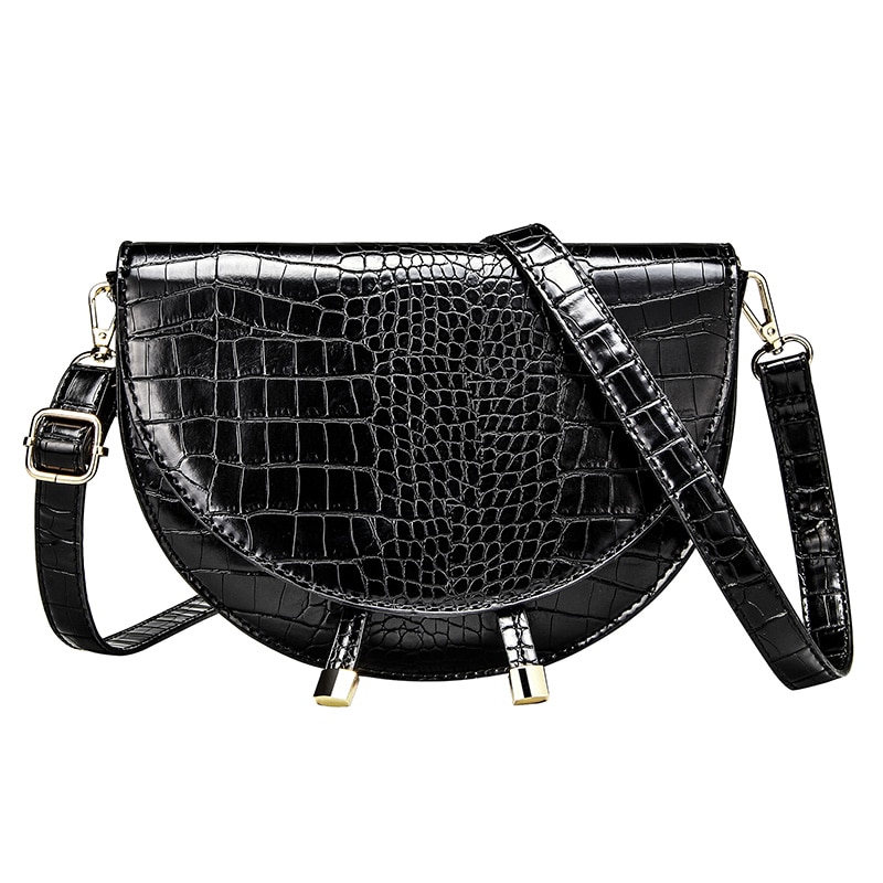 Crocodile Pattern Crossbody Bags for Women Half Round Messenger Bag Pu Leather Luxury Handbags Lady Bags Shoulder Bag: Black