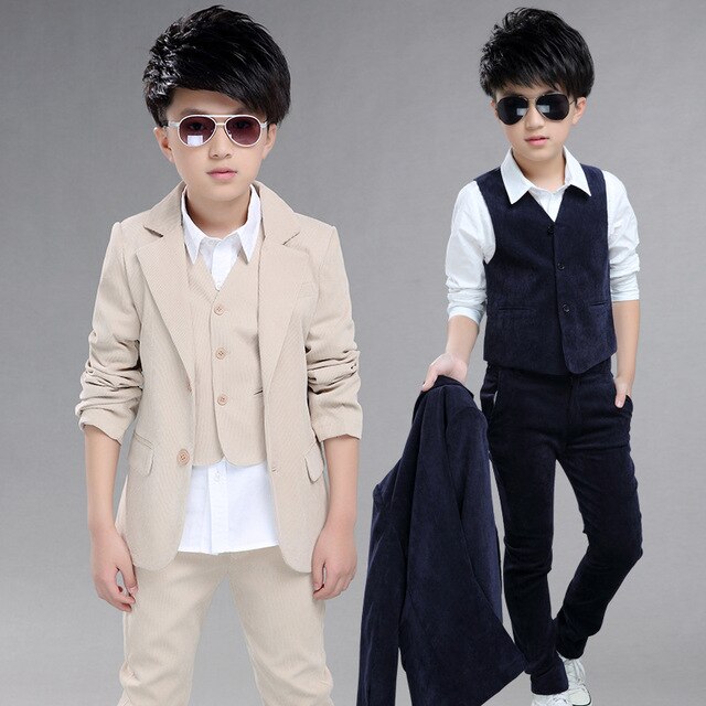 Gran niños chaqueta trajes para bodas niños chaqueta + chaleco + Pantalones 3 unids/set traje para el matrimonio de niños Formal chaqueta ropa