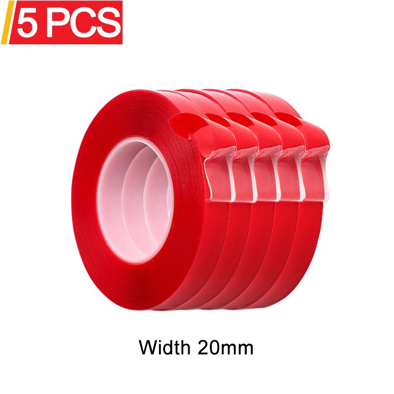 Luduo 5 stk 3m rød dobbeltsidet selvklæbende tape bil klistermærker akryl gennemsigtig ingen spor interiør super fast 8/10/15/20mm: Bredde 20mm