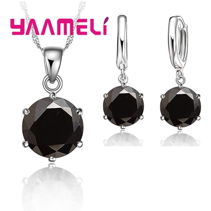Trendy 925 Sterling Silver Color Jewelry Sets Simple 6 Claws Round Zircon Pendant Necklace Hoop Earrings Set Wedding Bridal: Antique Gold Plated