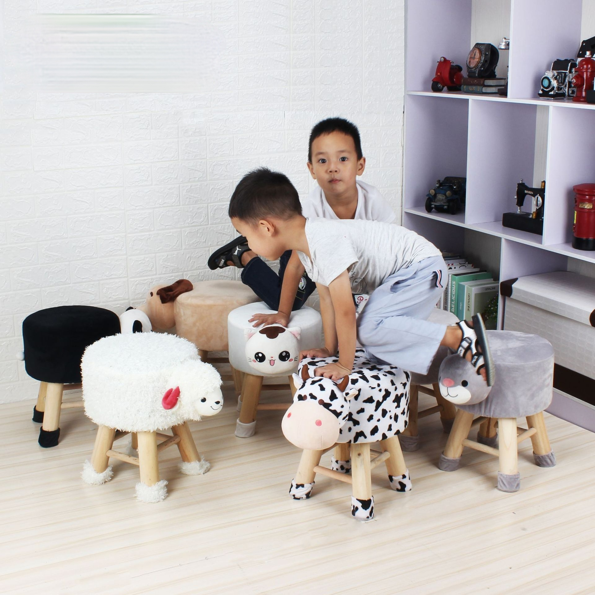 Cartoon Animal Stool Solid Wood Children's Coffee Table Home Small Sofa Removable and Washable Panda Lamb Elephant Cow