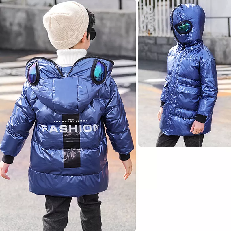 Superman de invierno para niños de 110-160cm, traje de chaquetas de pato blancas, ropa de abrigo acolchada con luz cálida,