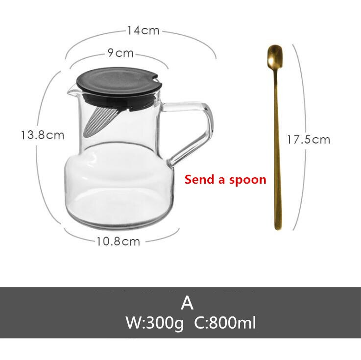 Jarra de agua de cristal transparente de 800 ML, tetera perfumada Cha, tetera, jarra resistente al calor a prueba de explosiones, jarra calentable, 1 unidad: A