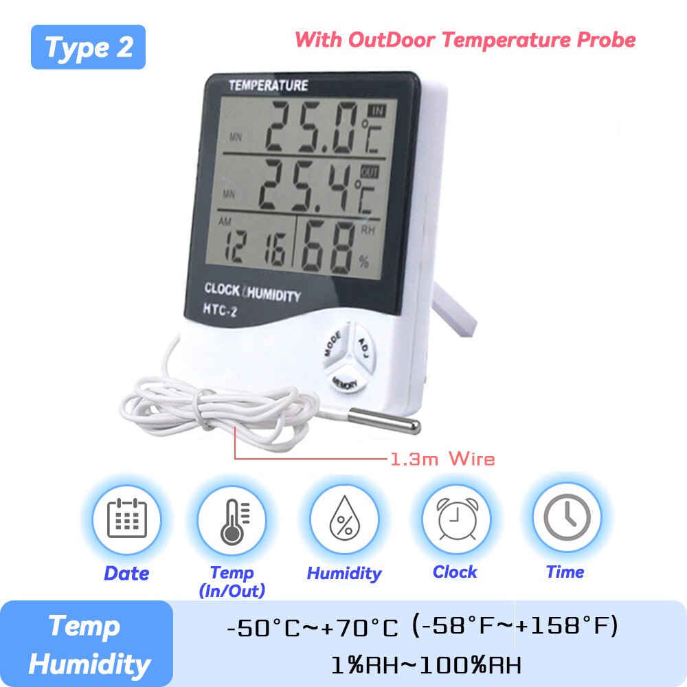 LCD Electronic Digital Temperature Sensor Humidity Meter Backlight Thermometer Hygrometer Gauge Indoor Weather Station Clock: HTC-2