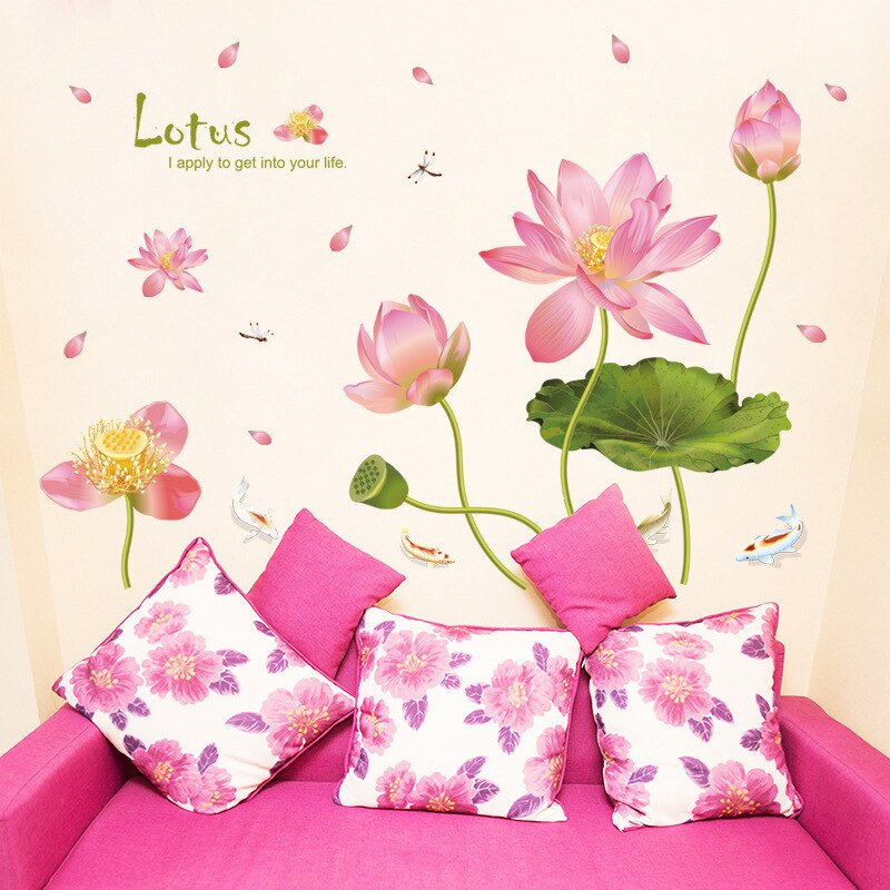 Modern Pink Lotus Flower Wall Stickers Green Leaves for Living Room Waterproof TV Background Art Decals Bedroom Large Size PVC