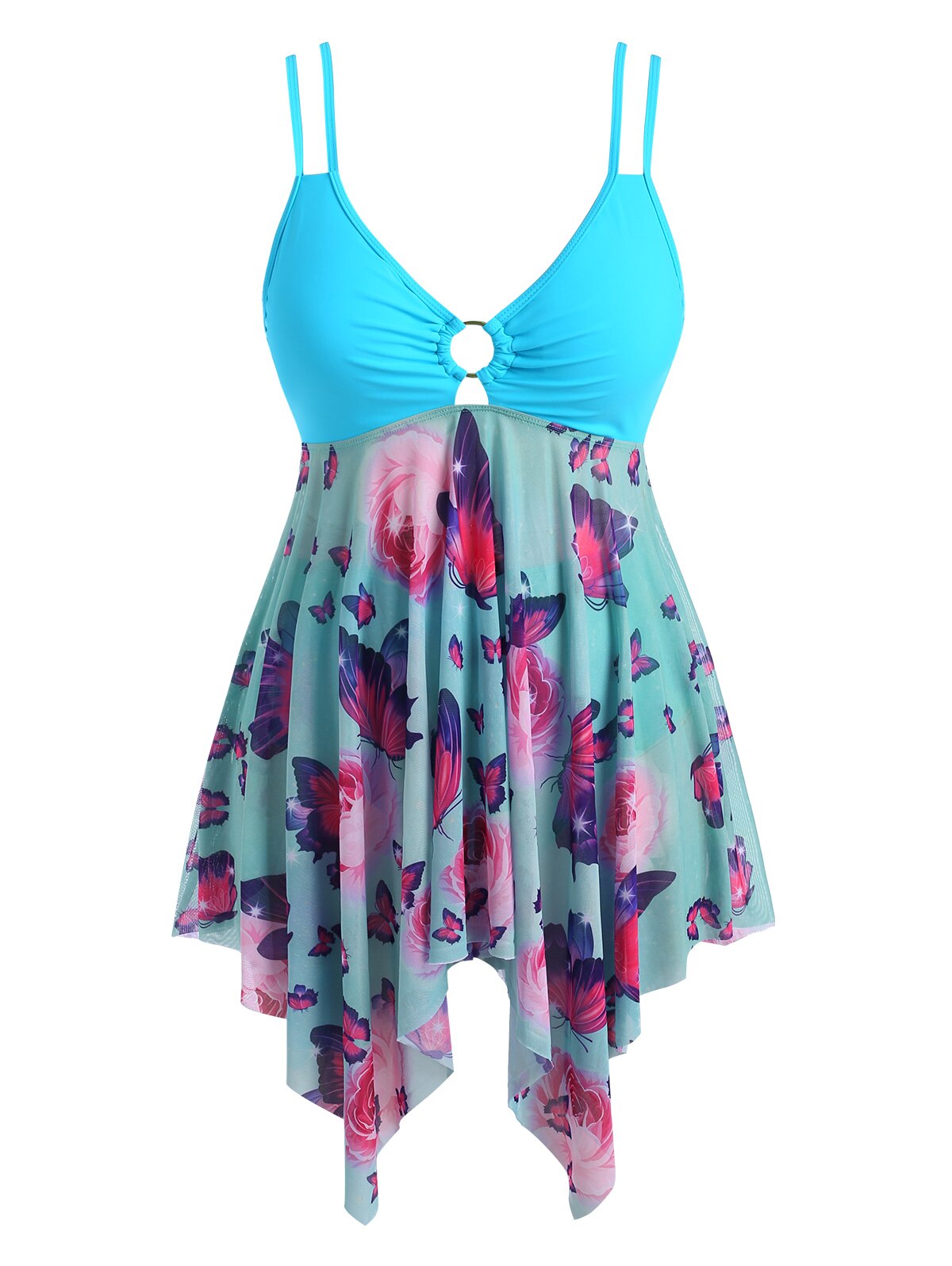 Plus Size Bikini Beachwear 2022 O-Ring Vlinder Print Tankini Badmode Met Padded Hoge Waisted Zakdoek Tweedelige Badpak: Light Blue / 3X