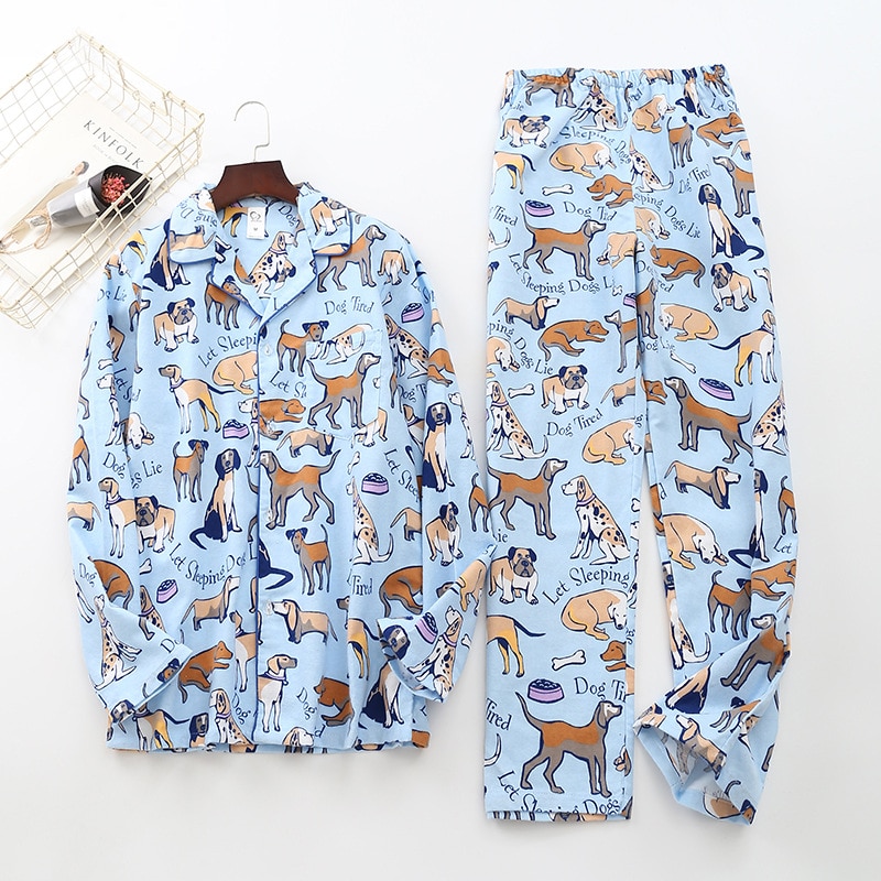 Men Pajamas Dog Print Brushed Cotton Thick 2 Pieces Set For Couple Women Long Sleeve Elastic Waist Pants Lounge Nightwear P80001