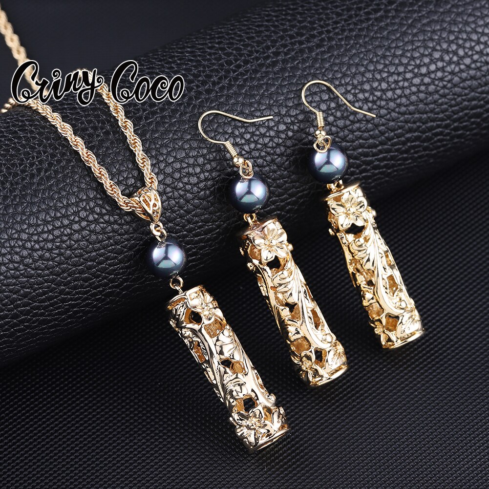 Cring Coco Earrings Necklace Set Hawaiian Polynesian Samoa Gold Hollow out Pearl Pendant Necklace Jewelry Set for Women