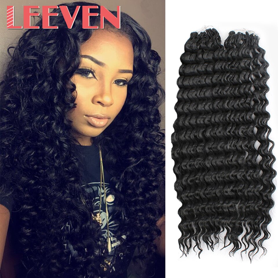 Leeven 18''75g/pack Black Deep Wave Hair Synthetic Braiding Bundles Hair Extension Crochet Braids Hair For Women