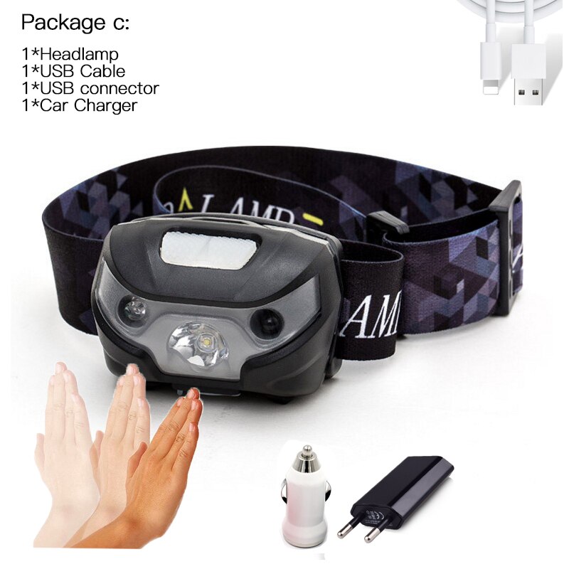 Inductive sensor LED Headlamp 6000LM Super bright Built-in Battery USB rechargeable 5Modes LED Headlight for running, fishing: C