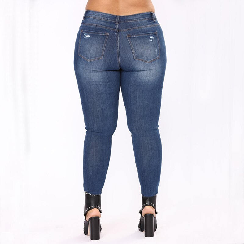 Pencil Blue Denim Pants Woman Ripped Hole Washed Jeans Female Big Hip Plus Size 7X Trousers