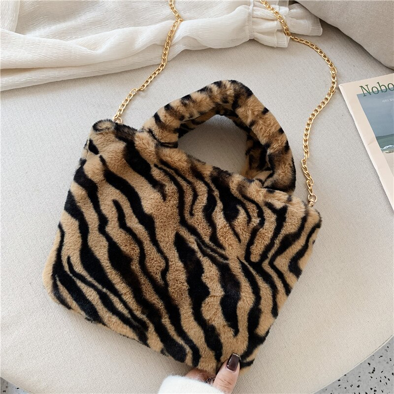 Inverno nova moda bolsa de ombro feminina leopardo bolsa feminina corrente grande pelúcia inverno bolsa mensageiro saco macio quente saco de pele: E