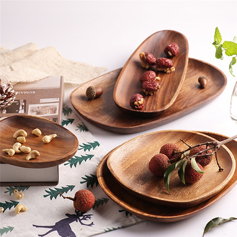 Creatief ovaal dienblad houten onregelmatige dessert snacks taartbord houten bord dessertdienblad houten bord, thee/drankschaal, diner dienblad (kleur: bruin, maat: 36 x 32 x 1,6 cm