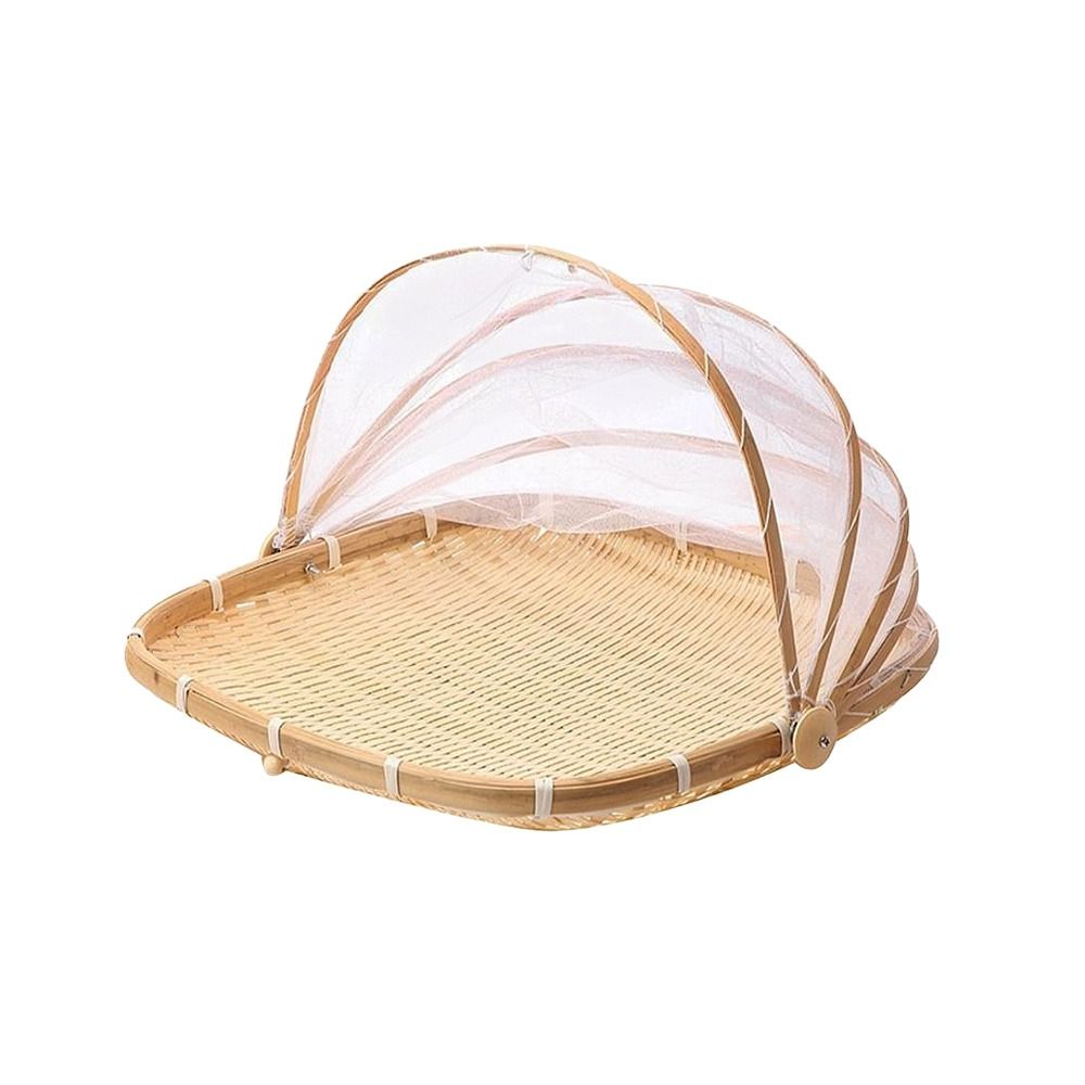 Bamboo Woven Basket Anti-Mosquito Net Fruit Vegetable Laundry Baskets Dustpan Tent Basket Tray Outdoor Picnic Mesh Net Cover: Yellow