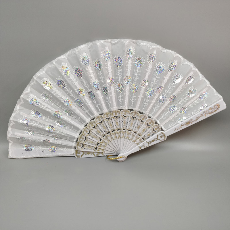 Art Folding Tail Feather Plastic Bone Sequins Carved Hand Fan Summer Accessory Crafts Print Home Decor Embroidery: White