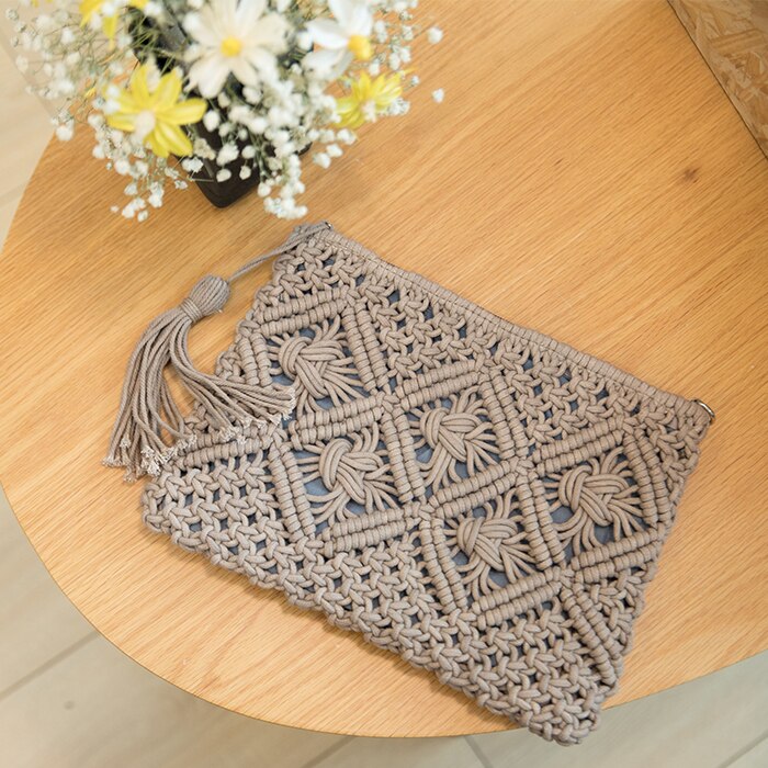 Bohemian Stijl Geweven Stro Tote Tas Voor Vrouwen Mode Eenvoudige Kwastje Casual Tote Tas Vintage Dames Meisje Strandtas: Gris