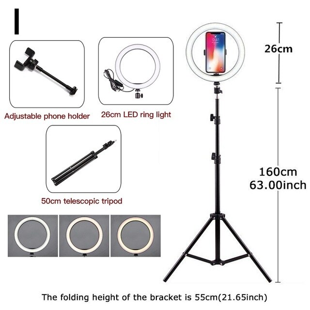 6.3 '' /10.2 '' kamera studio ring lys video led skønhed ring lys fotografering dæmpbar ring lampe + stativ til selfie / live show: Størrelse i