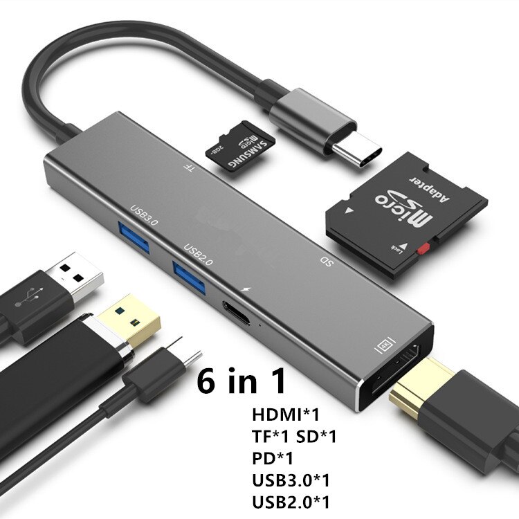 Type C Naar Hdmi-Compatibel 4K Vga Usb C Sd Tf Kaartlezer Usb 3.0 Adapter Hub Voor macbook Samsung S9 Dex Huawei P40 Tv Projector: 6 in 1