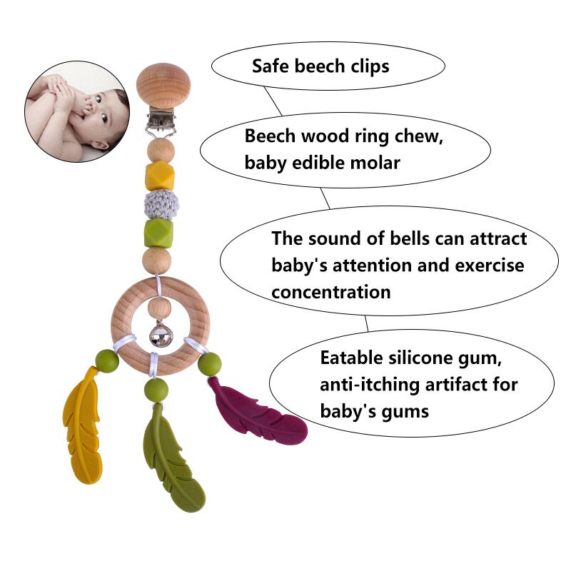 1pc babybinder silikone perler fjer tænder vedhæng barnevogn klip hængende legetøj mobil holder klapvogn kæde nyfødt træ gym