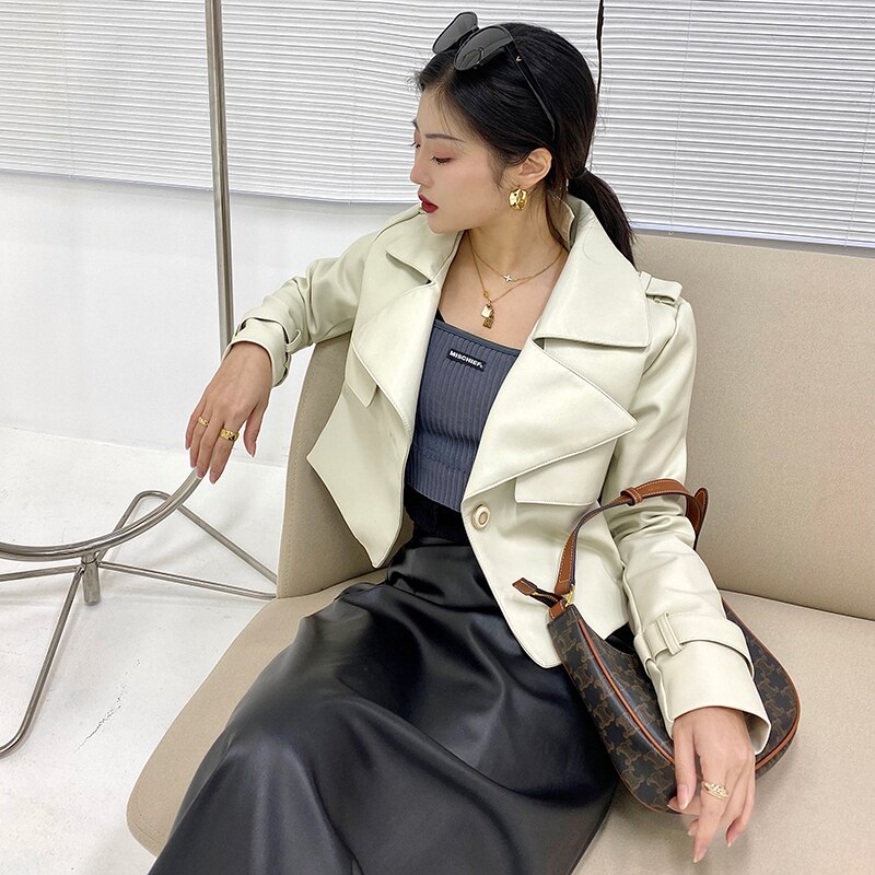 Veste coréenne en Faux cuir PU pour femme, manteau court violet à manches longues, Slim, doux, bouton unique, motard de rue, printemps,