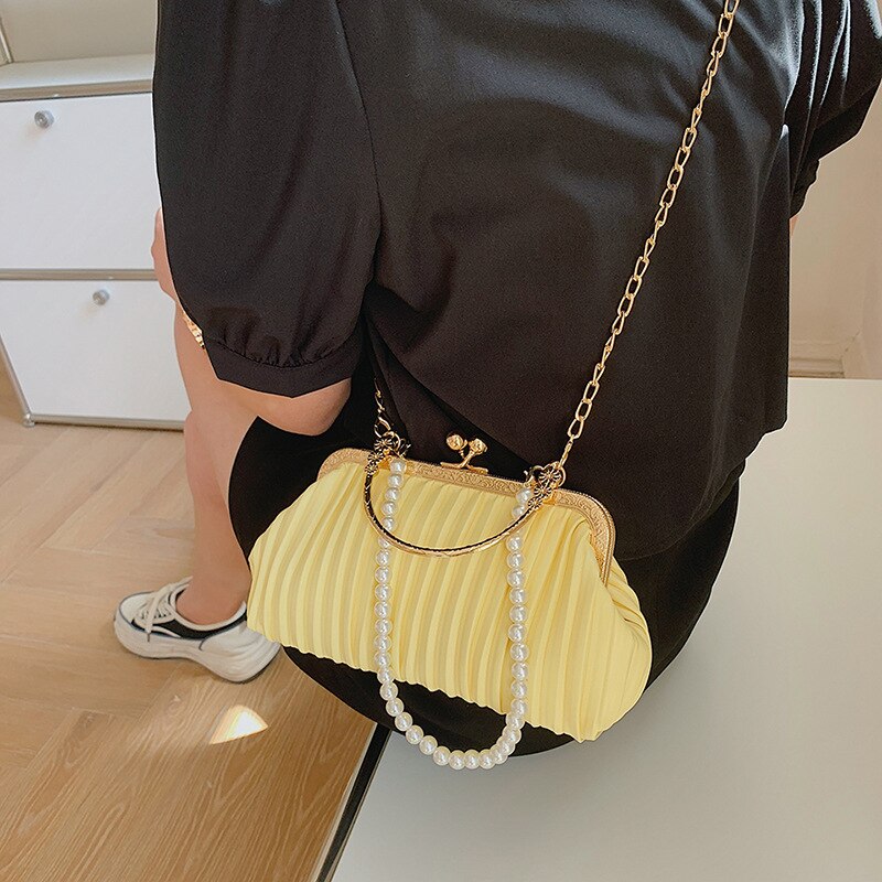 Fold Stripe Shell Bags For Woman Niche Clip Solid Pu Leather Shoulder Bag Pearls Chains Versatile Evening Handbag